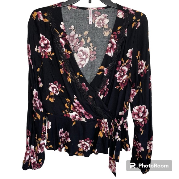 Xhilaration Black & Pink Floral V-Neck Cross Front Long Sleeve Blouse - Picture 3 of 8